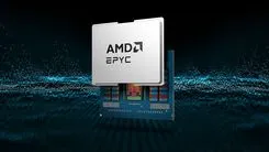 AMD EPYC CPUが宙に浮き、青いデジタル波紋が背景