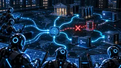 AIロボットがネットワーク上で金融機関やデータを制御する様子