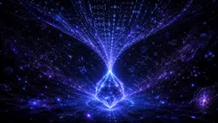 光る幾何学模様と数式が広がる宇宙