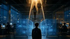 未来的なオフィスで階段を上る人々