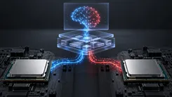 AIの脳のホログラムと、青と赤の光が二つのプロセッサへ流れる