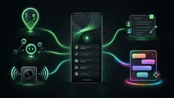 スマートフォンと様々な機能アイコンを示す概念図