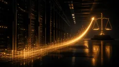 データセンターと上昇する光の矢印
