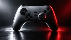 赤と白の光に照らされたゲームのコントローラー