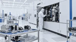 クリーンルームで白い防護服の作業者が大型装置を点検する様子