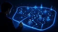 人が青いネットワークとロボットを設計