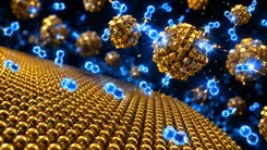 金色のナノ粒子と青い分子の電気反応