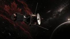 宇宙空間を進む探査機と背景のカナダ国旗