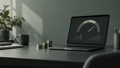 ノートPCやコインが置かれたオフィスの机