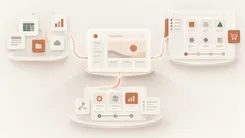 アプリのUIデザインやデータフローを示す3D風イラスト