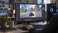 ゲーム開発ソフトでカートレースのステージを編集する男性