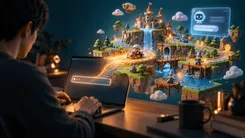 ノートPCでAIの3D世界を生成する男性