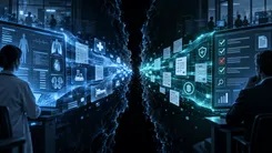 医療データがデジタルネットワークで転送される様子