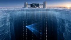 氷床深部のニュートリノ観測施設（IceCube）の断面図