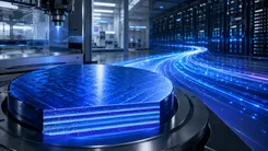 半導体ウェハとサーバー群、青い光のデータフロー