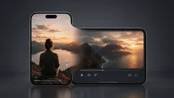 縦型と横型の2台のスマホに、夕焼けの山と湖の風景動画が表示さ