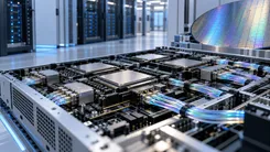 サーバーラックの中の基板に並ぶ大型プロセッサと光ファイバーケ