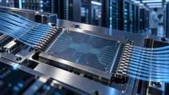 光ファイバーケーブルが接続された最先端の半導体チップ
