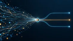 ニューラルネットワークが複数の出力に分岐する様子を示す、青と