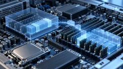 サーバー基板上のメモリモジュールと、データを転送する青い光の