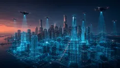 ドローンとデータ網が広がる未来都市