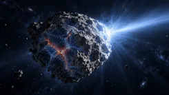 宇宙に浮かぶ岩石の小惑星。内部から青い網目状の模様と赤い光が