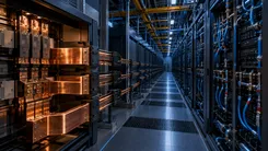 データセンターの銅製配線とサーバーラック