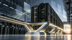 データセンターのサーバーラックが並び、floating文書ア