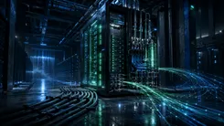 サーバーラックと光ファイバーのデータフロー