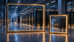 データセンターの server ラックが並ぶ空間に、光る金色
