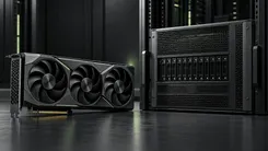 GPUグラフィックスカードとサーバーラックを並べた黒い機器の