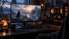 オレンジ色のLEDで装飾されたPCと美しい風景を表示したモニ