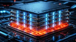 光る多層CPUのクローズアップ