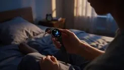 ベッドの上でスマートウォッチを見る人