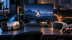 ゲーミングPCと周辺機器が並ぶデスク環境