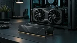 机上に置かれたRAMとPCケースの中のグラフィックボード