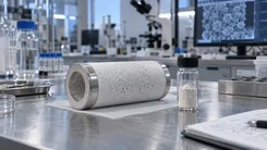 研究室のテーブルに置かれた多孔質の円柱フィルターと粉末。
