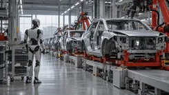 ヒューマノイドロボットが、赤いアームのロボットが並ぶ自動車組