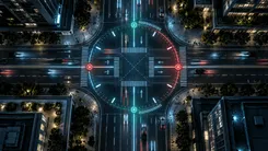 デジタルなUIが重なる夜間の交差点の空撮