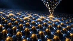 走査型プローブ顕微鏡の先端が原子を捉える様子